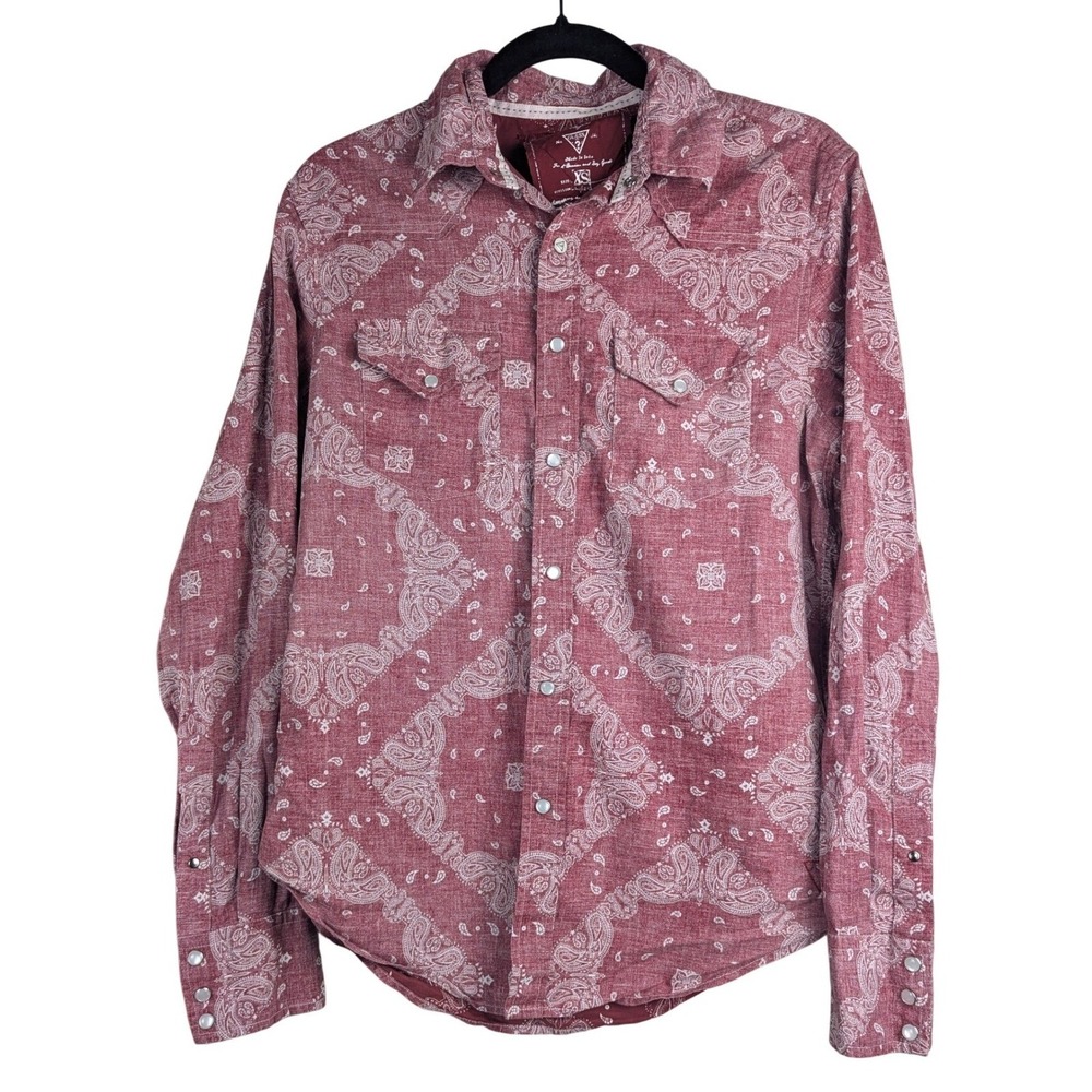 Guess 38" Bust 2008 Burgundy Maroon Paisley Bandana Western Pearl Snap Shirt